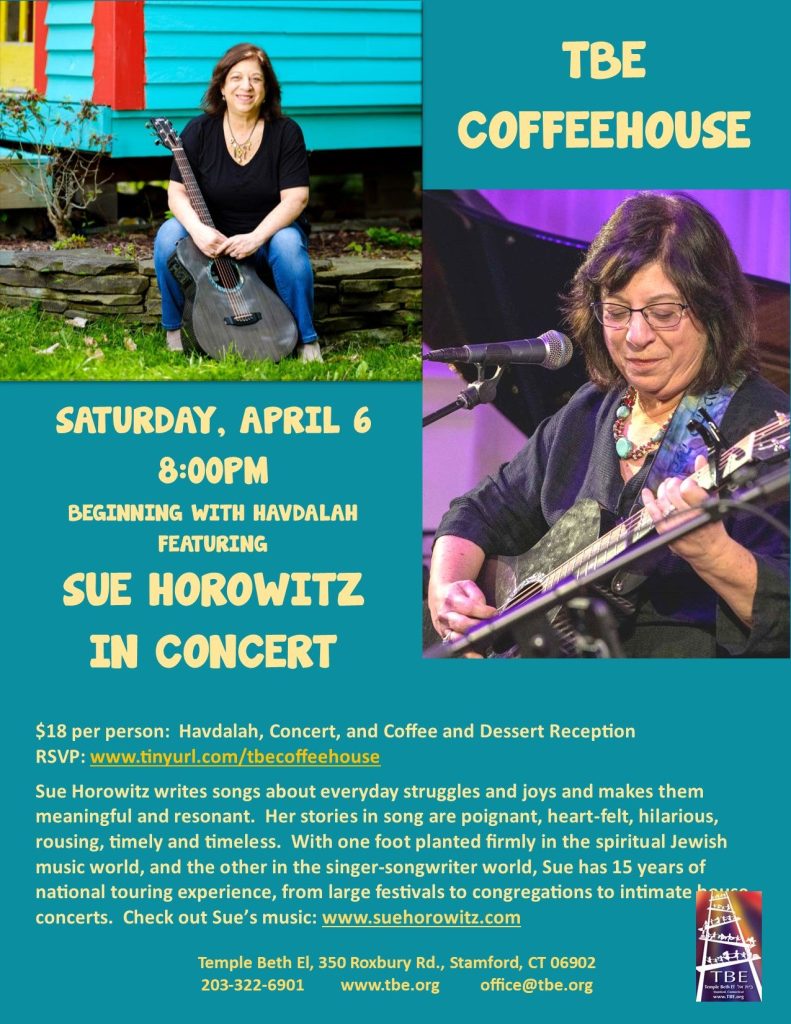 Havdalah/Coffeehouse with Sue Horowitz @ Temple Beth El