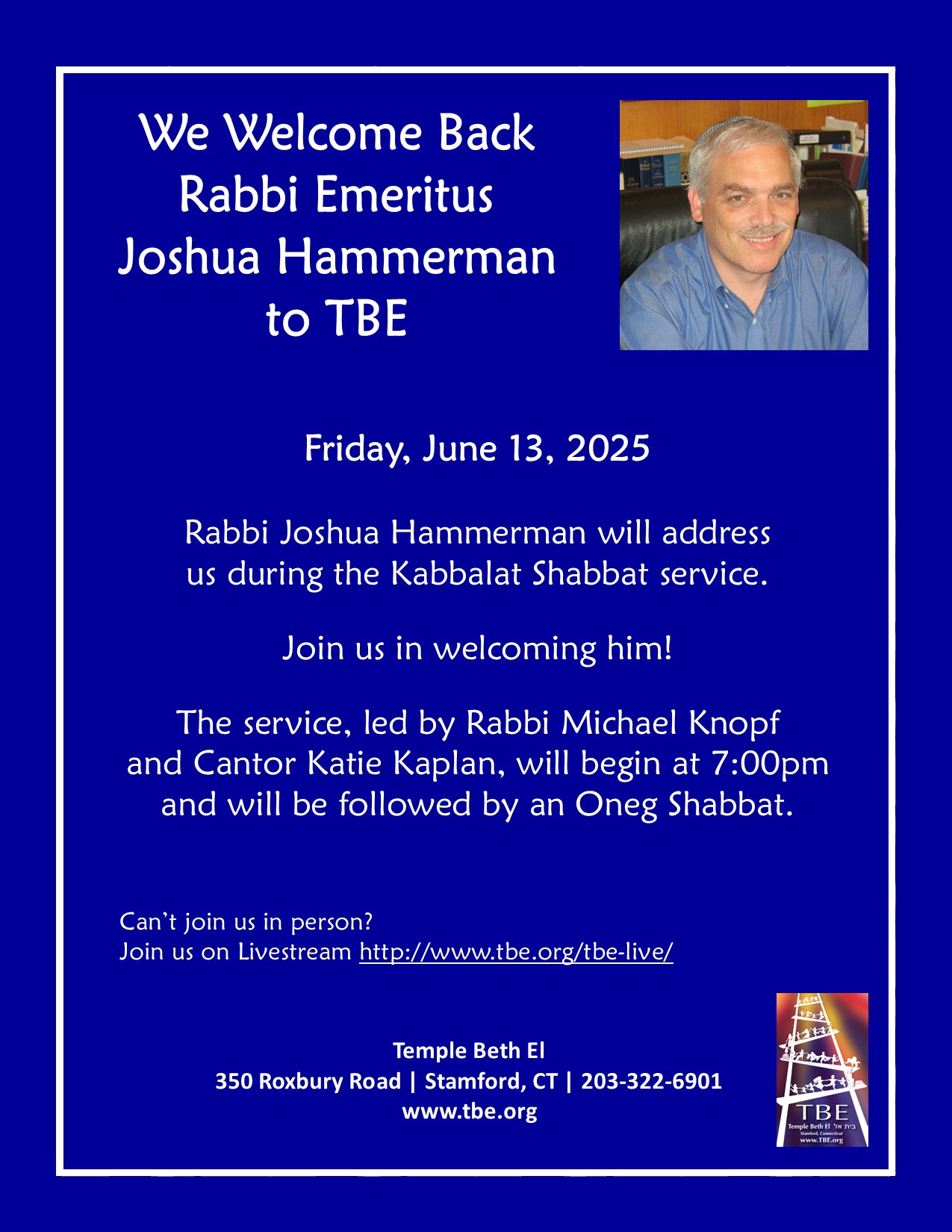 Kabbalat Shabbat Service: Welcome Back Rabbi Emeritus Joshua Hammerman @ Temple Beth El