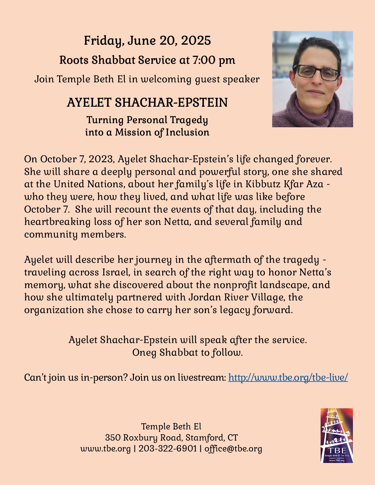 Kabbalat Shabbat Service: Guest Speaker Ayelet Schachar-Epstein