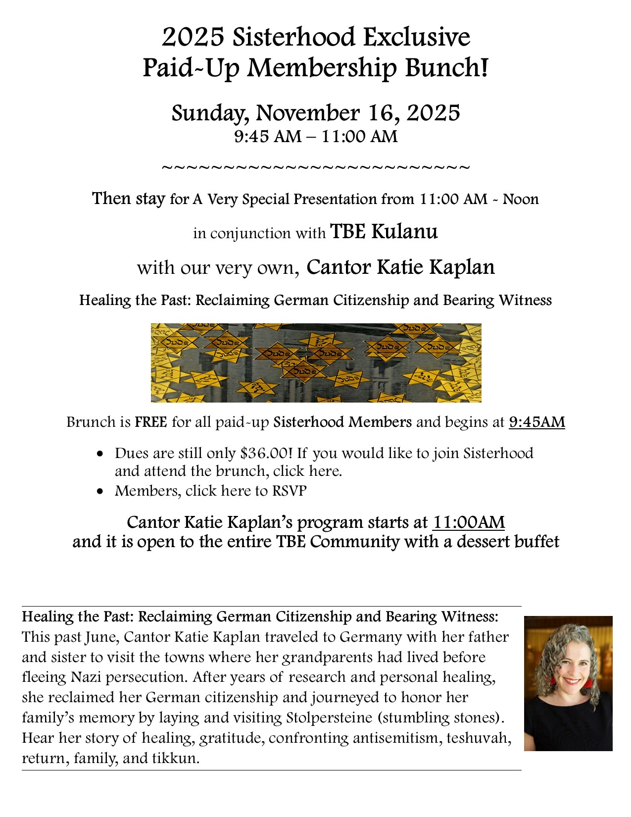 Sisterhood Paid-Up Membership Brunch @ Temple Beth El