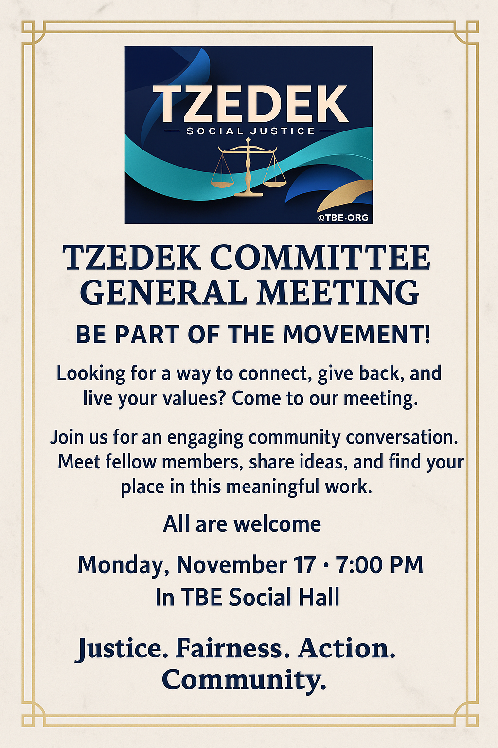 Tzedek Committee General Meeting @ Temple Beth El Social Hall