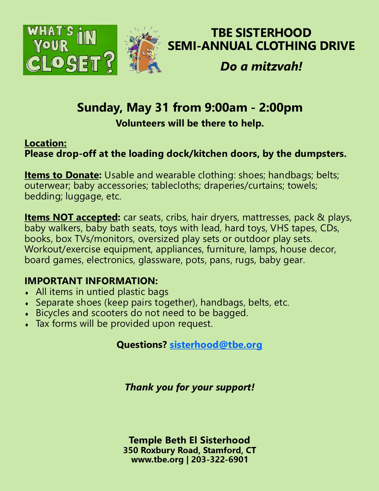 TBE Sisterhood Semi-Annual Clothing Drive @ Temple Beth El